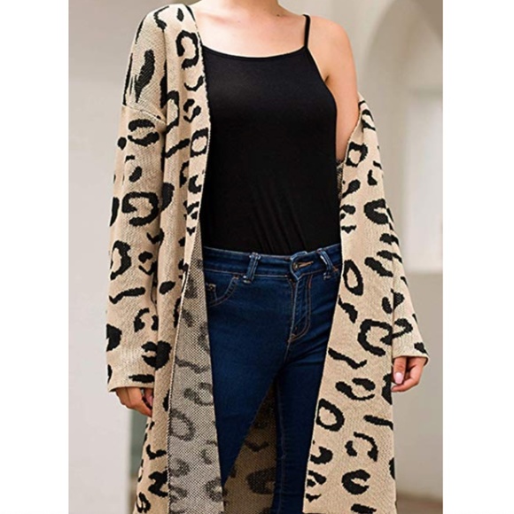 Sweaters - Long Oversized Leopard Print Cardigan with Pockets